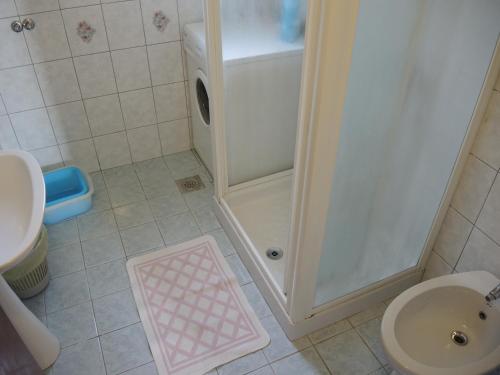 a bathroom with a shower and a sink and a toilet at Apartment Rita RM in Portorož