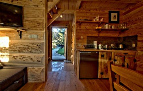 a kitchen in a log cabin with a sliding glass door at Tutok in Zakopane