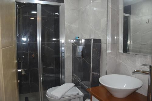 a bathroom with a shower and a toilet and a sink at Alize Life Hotel in Istanbul