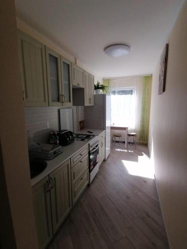 uma cozinha com um lavatório e um fogão forno superior em One bedroom apartment em Jūrmala