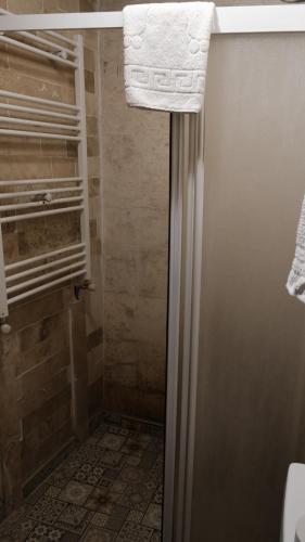 a bathroom with a shower with a towel on the door at Beliz Hanım Konakları in Gaziantep