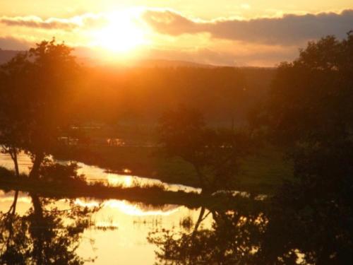 a sunset over a body of water with trees at Airstream at Hardham West Sussex Sleeps 4 in Pulborough