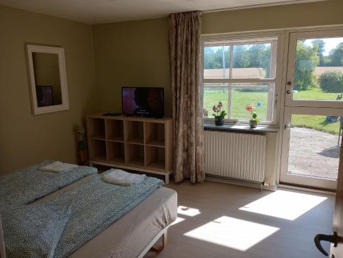 ein Schlafzimmer mit einem Bett und einem großen Fenster in der Unterkunft Annex88 B&B in Fårvang