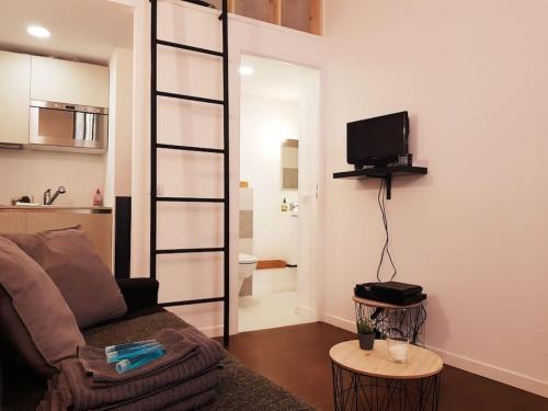 a living room with a couch and a tv on a wall at STUDIO MARCHE PROVENCAL in Antibes