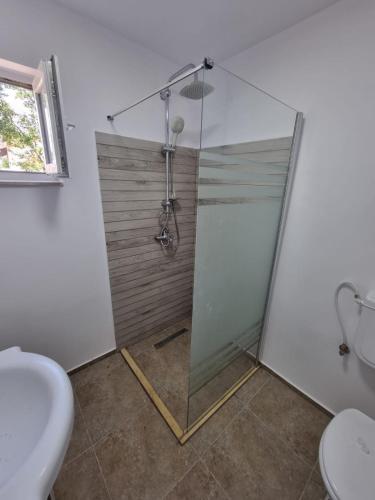 a shower with a glass door in a bathroom at Bârlogul Balaurului in Afumaţi