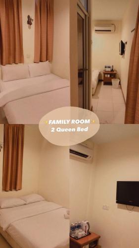 two pictures of a room with two beds and a tv at D'Feringghi Hotel in Batu Ferringhi