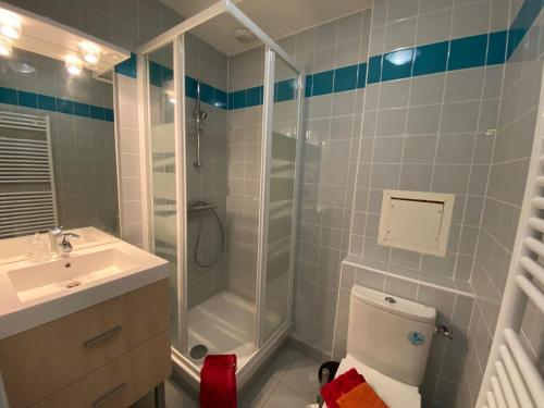 a bathroom with a shower and a toilet and a sink at Manoir Le Castel & Villa Beaumaris in Saint Malo