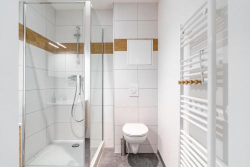 ein weißes Bad mit einer Dusche und einem WC in der Unterkunft Gemütlich 4 in Wissembourg