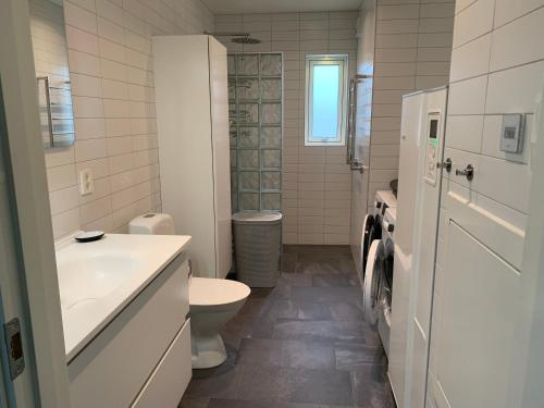 a white bathroom with a toilet and a sink at Stugcentralen F-16B in Halmstad