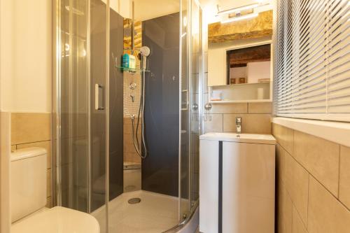 a bathroom with a shower and a toilet and a sink at Lou Baoumoun in Coursegoules