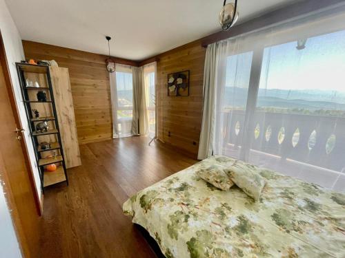班斯科的住宿－Pirin Golf Penthouse Iliyana，一间卧室设有一张床和一个大窗户