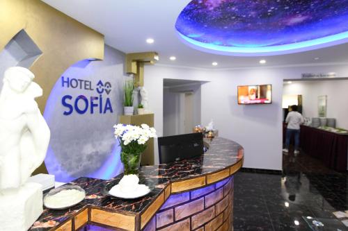 una camera d'albergo con un cartello hotel ex solla e fiori di Hotel Sofia a Bad Wildungen