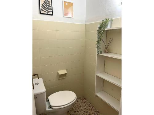 a bathroom with a toilet and shelves at Apartamento Isidoro in Fuengirola
