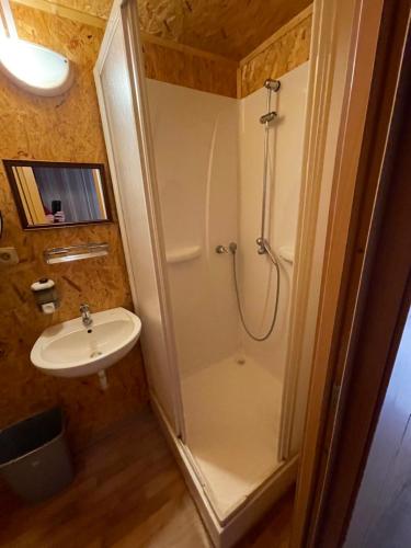 a bathroom with a shower and a sink at Chata Lucka in Bítov