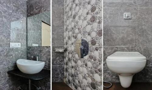 two pictures of a bathroom with a toilet and a sink at Hotel Volga Plaza in Mumbai