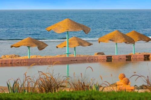 a group of umbrellas on a beach with the ocean at Radisson Blu Resort El Quseir in Quseir