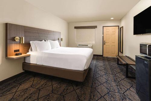 a hotel room with a large bed and a television at Ramada by Wyndham Modesto Yosemite Area in Modesto