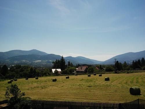 a field of hay with mountains in the background at Penzion Na Vyhlídce in Frýdlant nad Ostravicí