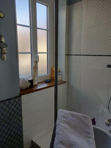 une salle de bain avec une baignoire et une fenêtre dans l'établissement La Baleine - Hyper centre, Charme et calme à deux pas de la mer, à Cabourg