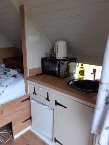 a small kitchen with a microwave and a sink at Glamping at the Retreat Wiltshire is rural bliss in Chippenham