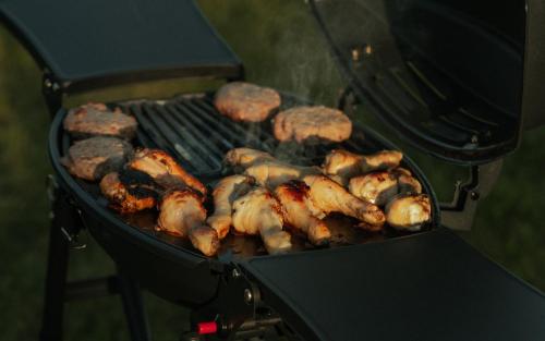 - un plat de poulet et de viande préparé sur un grill dans l'établissement Glamping at the Retreat Wiltshire is rural bliss, à Chippenham