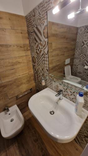 a bathroom with a white sink and a mirror at La Tana del Capriolo in Prati di Tivo