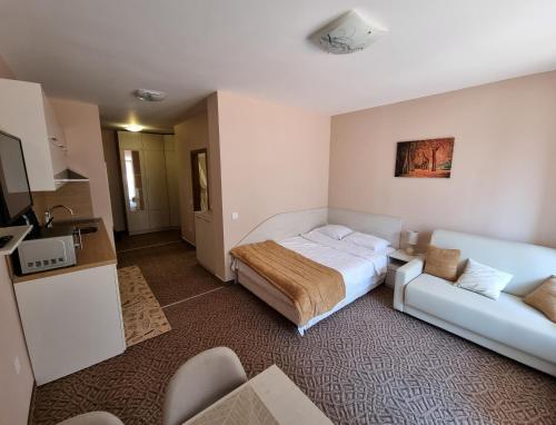 Habitación de hotel con cama y sofá en Borovets Semiramida Garden Studio A16, en Borovets