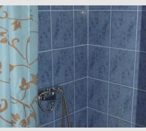 ducha con pared de azulejos azules y cortina de ducha en Plava kuća, en Međugorje