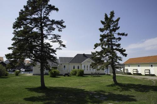 two trees in a yard in front of a building at Badholmens Vandrarhem in Fjällbacka