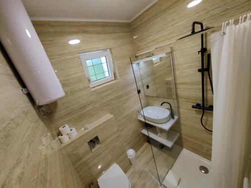 ヴォディツェにあるZvonćica Deluxeのバスルーム(トイレ、ガラス張りのシャワー付)