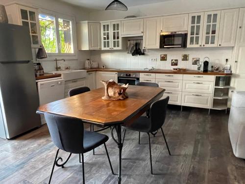 a kitchen with a table with a cat sitting on it at Jolie villa à UZES, climatisée avec piscine in Uzès