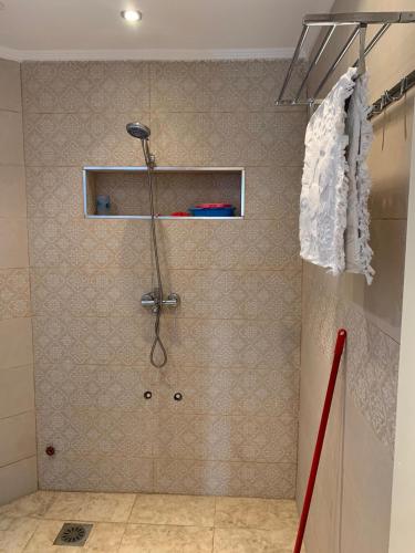 a shower in the corner of a bathroom at Ninasaidia in Saïdia