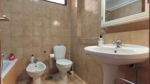 een badkamer met een wastafel, een toilet en een spiegel bij Vero House TERRAZA DE LA PAZ in San Miguel de Abona