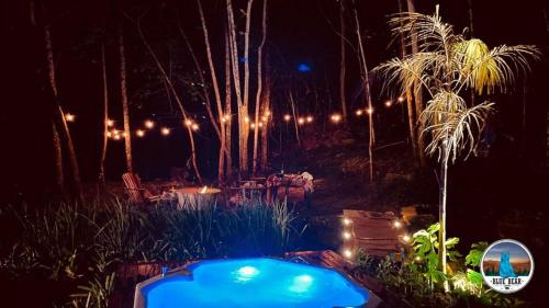 a hot tub in a garden at night with lights at Blue Bear Cabins in Itaipava