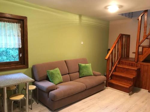 salon z brązową kanapą i 2 zielonymi poduszkami w obiekcie Roua - Apuseni Mountains w mieście Pietroasa