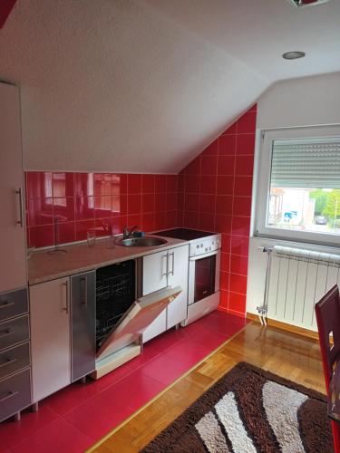 a red kitchen with a sink and a counter at Sve u jednom in Bijelo Polje