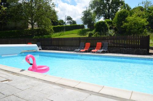 una piscina con un cisne rosa en el agua en The Railway Cottage - characterful and comfortable holiday cottage en Piégut-Pluviers