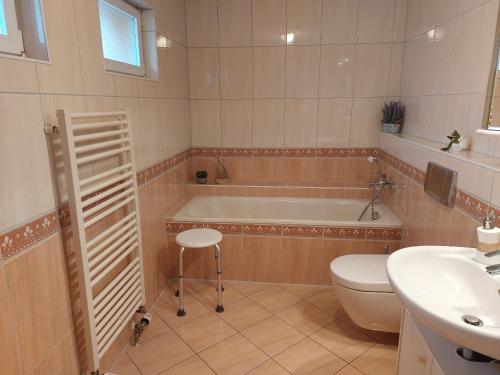 a bathroom with a tub and a toilet and a sink at Ferienwohnung Familie Windt in Feldberg