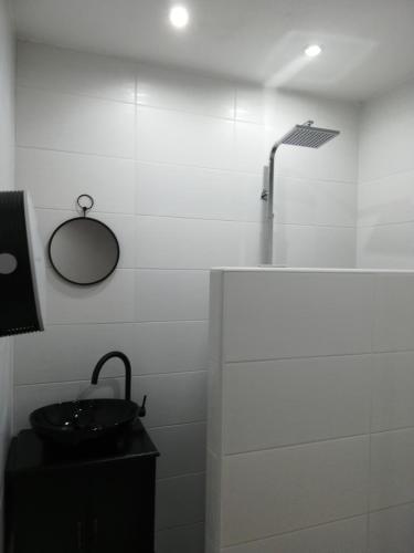 une salle de bain blanche avec un lavabo et une douche dans l'établissement STUDIO A 2 MN DE L A75, à Usclas-lʼHérault