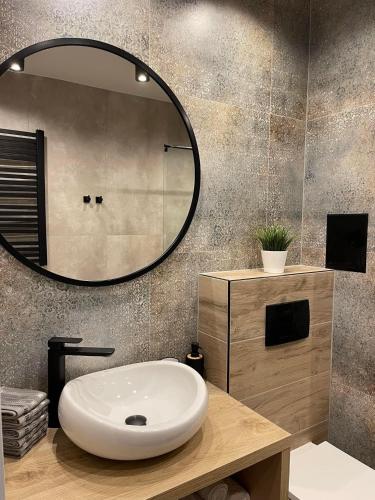 un bagno con un lavandino bianco e uno specchio di Apartament Alan a Ustrzyki Dolne