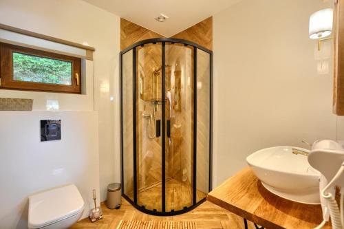 W łazience znajduje się prysznic i umywalka. w obiekcie Na widoku- domki Bukowiec w mieście Bukowiec