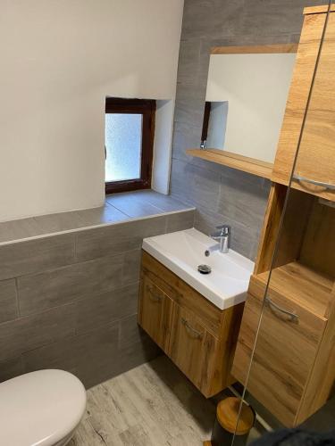 une salle de bain avec un lavabo blanc et des toilettes dans l'établissement Logement Pays des Écrins, à La Roche-de-Rame