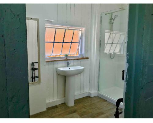 bagno con lavandino e finestra di Manor House Mews rustic Stable Conversion a Dorchester