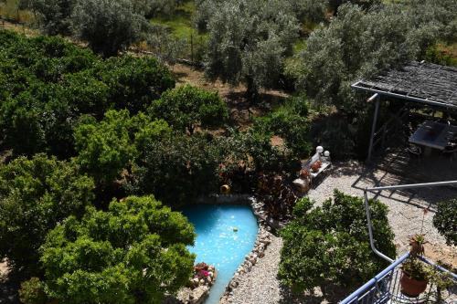 an overhead view of a swimming pool in a garden at Beachfront Villa Samantha's Paradise in Kivérion