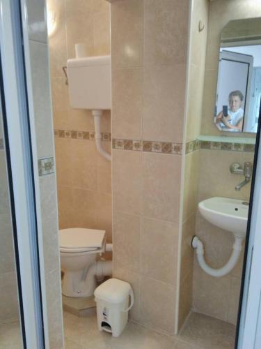 a small bathroom with a toilet and a sink at Sea view house Zagradje in Bar