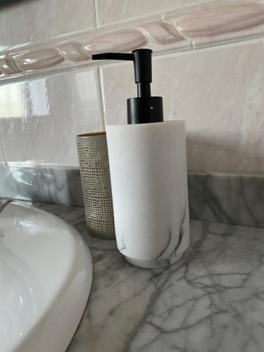 - un comptoir de salle de bains avec une brosse à dents dans un support à côté d'un lavabo dans l'établissement Agradable Adosado 3 plantas Altea, à Altea