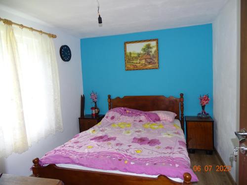 1 dormitorio con cama rosa y pared azul en Cabana lui Foardă, en Motru Sec