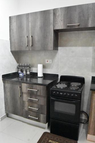 a kitchen with a stove and a counter top at Specious Old Zamtel flats in Lusaka