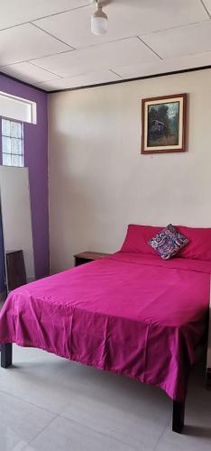 1 dormitorio con cama morada y manta morada en B. J. & M SERVICE, en Iquitos