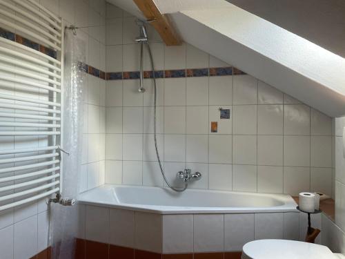 a bathroom with a bath tub with a shower at Ferienwohnung Dallinger in Radmer an der Stube